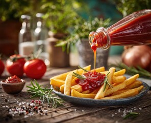 French fries being drizzled with ketchup