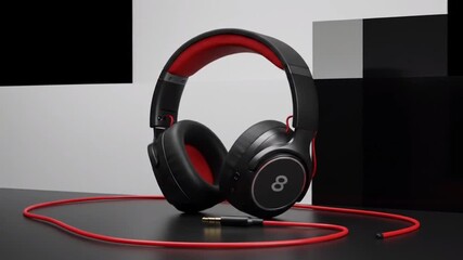 Black and red overear headphone on dark surface, suitable for tech blogs, music playlists, and audio equipment reviews.