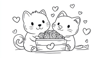 Cute cats sharing yarn. Coloring book