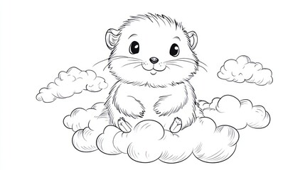 Cute cartoon groundhog on a cloud, whimsical illustration, kids coloring book, printable