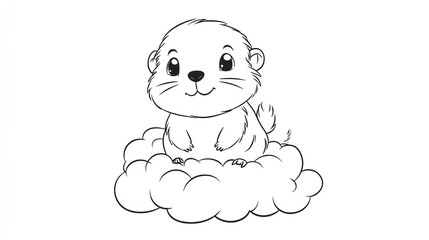 Cute groundhog sitting on a cloud, children's book illustration, cartoon animal, whimsical scene,  for educational material