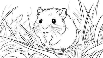 Cute hamster in tall grass, nature background, coloring page (1)