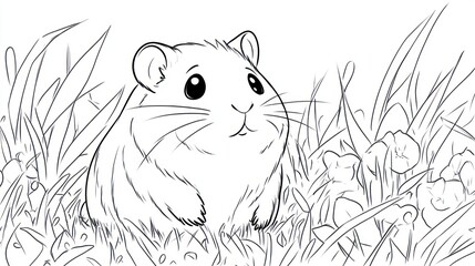 Cute hamster in grass, simple line art, ideal for children's book or coloring page