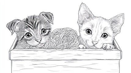 Cute kittens and puppy in a wooden box playing with yarn.  Possible use Children's book illustration