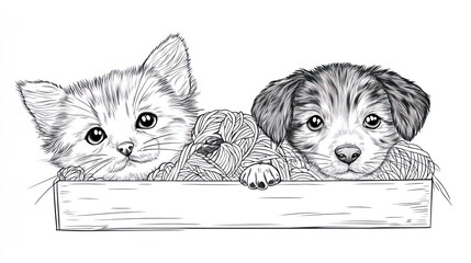 Cute kittens and puppies in a wooden crate (1)