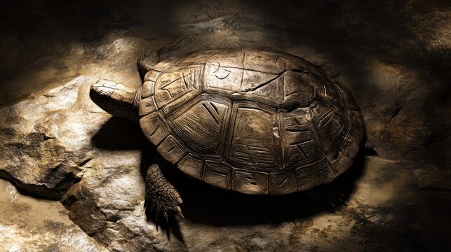 Snapping Turtle, shell like ancient, rune-etched stone, surreal historical artifact texture, moody, shadowy lighting