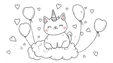 Cute unicorn cat on a cloud with balloons and hearts.  Possible use Children's book illustration