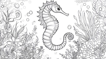 Black and white seahorse in coral reef, coloring page, educational resource