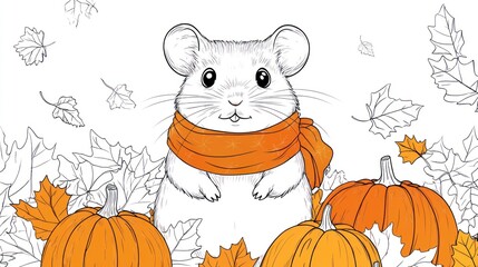 Cute mouse with scarf in autumn leaves and pumpkins.  Possible use Coloring book illustration or children's book