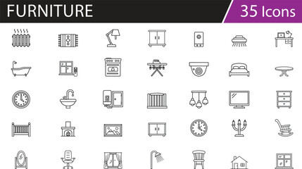 Grid of 35 black line icons for household items and furniture, ideal for interior design vector illustration content