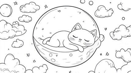 Cute cat sleeping on moon in night sky, coloring page