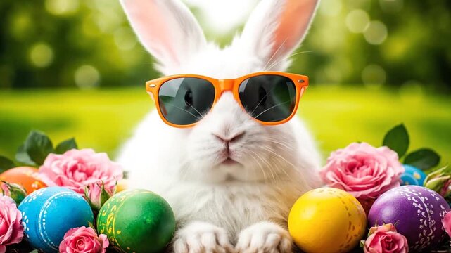 A charming white Easter bunny, sporting stylish orange sunglasses, sits playfully amidst a vibrant display of colorful eggs and fresh pink roses, creating a whi