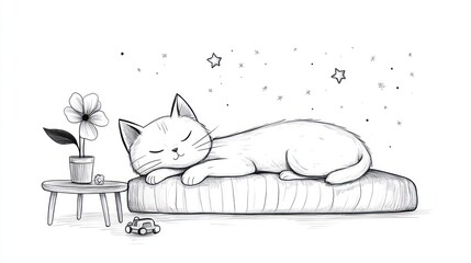 Sleeping cat on cushion, stars, flower, toy car. Child's room illustration