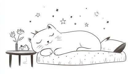Sleeping cat on pillow, stars, flowers, hamster.  Kids book illustration