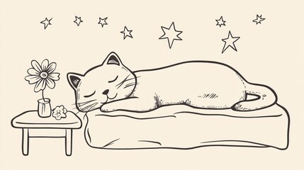 Sleeping cat on bed, stars, flower, night