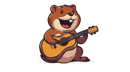 Happy groundhog playing guitar, white background, music illustration, children's book