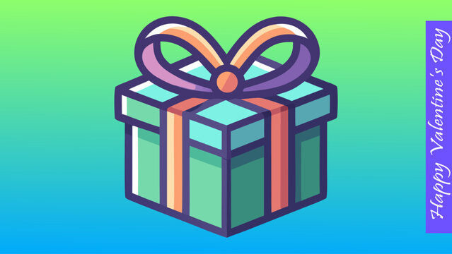 Gift box with a colorful bow on a vibrant green to blue gradient background for Happy Valentine's Day celebrations.