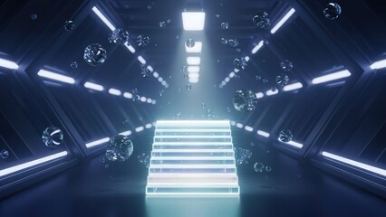 Glowing stairway to the future in a futuristic space station