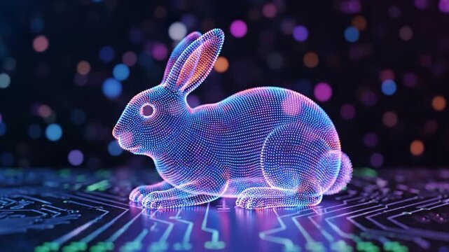 A Luminous Digital Rabbit of Glowing Particles Rests on a Futuristic Circuit Board