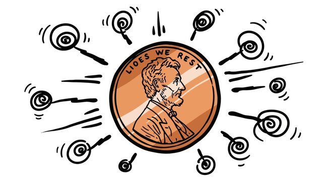 Penny surrounded by magnifying glasses, symbolizing focus and investigation.