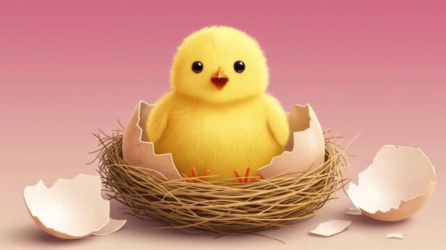 Fluffy yellow chick sits in a nest of broken eggshells, perfect for easter, spring, farm, or newbornthemed designs. Eggcellent.