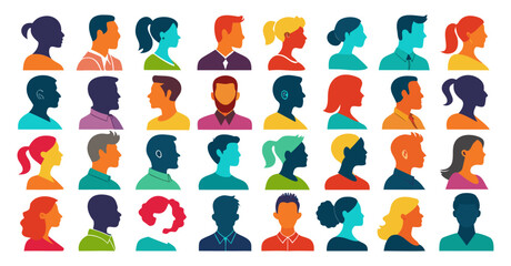 Set of vector portraits of people from around the world, featuring a side view collection of diverse faces for avatars and profiles, vector illustration. 