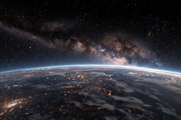 Glowing Earth at Night with City Lights Under a Starry Sky and Milky Way View from Space in Ultra High Definition