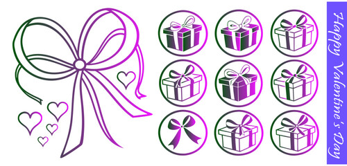 Obraz premium Valentine's Day decorative elements collection with gradient colored bows, gift boxes, and hearts on a transparent background.