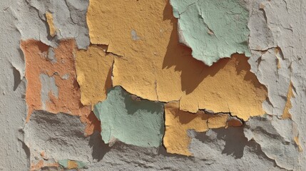 Peeling paint reveals layers of color on a weathered wall surface.