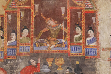 Obraz premium Ancient faded painting mural on temple wall depicting historical royal court scene with serene figures watching ceremony from balcony with calm expression in traditional art style