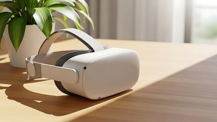 Virtual reality headset for immersive gaming and entertainment experiences on a wooden surface with a plant