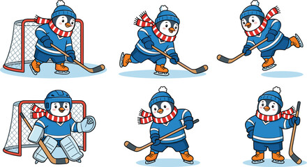 Cute penguin ice hockey cartoon illustration set, winter sports characters playing goalie and skating poses for kids holiday design © MstRuna