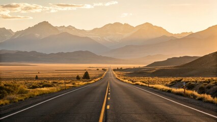 Obraz premium Serene Road Leading to Majestic Mountains Under Soft Golden Sunrise Light