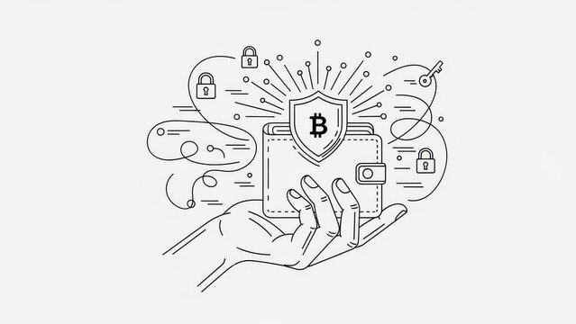 Cryptocurrency security concept displaying a hand holding a protected bitcoin wallet illustration