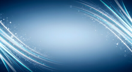 Vibrant blue background with dynamic light trails and sparkling particles