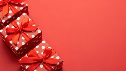 red and white polka dot wrapped gifts with ribbons on red background