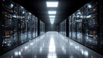 Server Room with Rows of Data Racks in a Dark Corridor Lit by Fluorescent Ceiling Lights Depicting Technology Data Storage with Cables and Servers