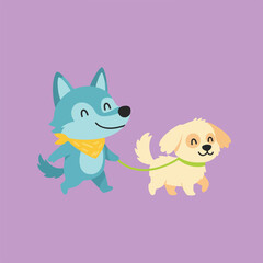 A friendly blue wolf wearing a yellow bandana happily walks a fluffy golden dog on a green leash against a solid purple background.