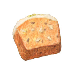 くるみとレーズン入りキャロットケーキ　水彩色鉛筆イラスト
