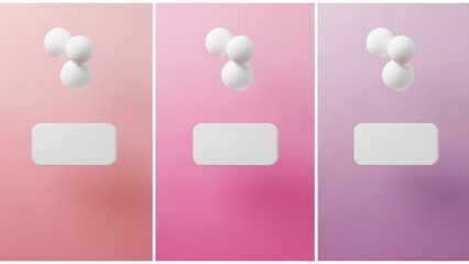 three pink and purple wall panels with white light fixtures and blank labels