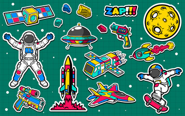 Set of colorful space and astronaut sticker art vector illustration