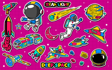 Set of colorful space and astronaut sticker art vector illustration