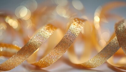 Golden ribbon swirls, blurred bokeh