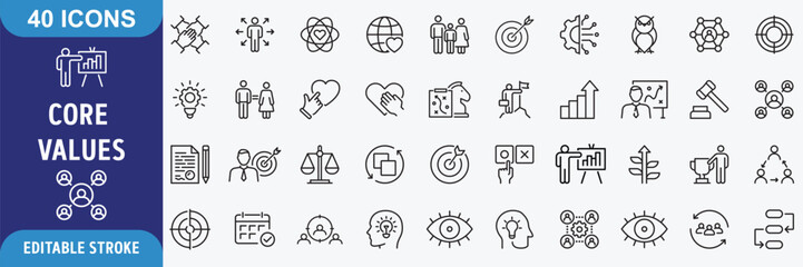 Naklejka premium Core Values icon set. Containing core values, innovation, quality, integrity, responsibility, teamwork, reliability, honesty. Outline Icon Collection. Editable stroke. Vector illustration
