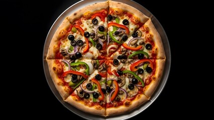 Delicious homemade pizza with various toppings on a baking sheet