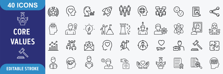 Fototapeta premium Core Values icon set. Containing core values, innovation, quality, integrity, responsibility, teamwork, reliability, honesty. Outline Icon Collection. Editable stroke. Vector illustration
