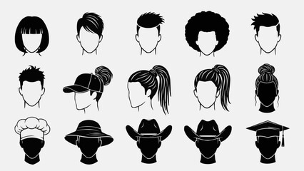 Collection of diverse hairstyles and headwear silhouettes representing different people.