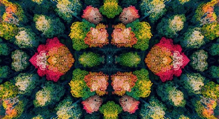 Abstract aerial view kaleidoscope pattern of vibrant autumn forest canopy showcasing rich red yellow and green foliage textures from above
