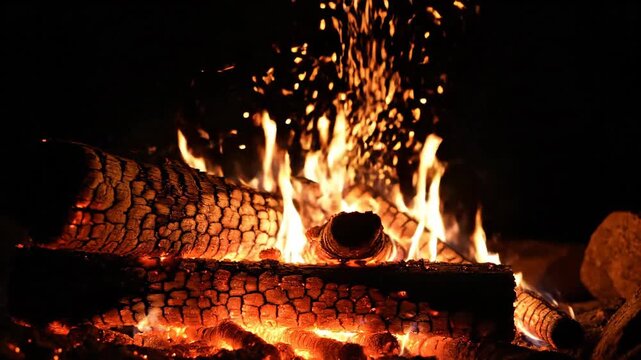 Warm Hearth Ambiance: Flickering Flames and Glowing Embers Dance in a Cozy Fireplace Setting