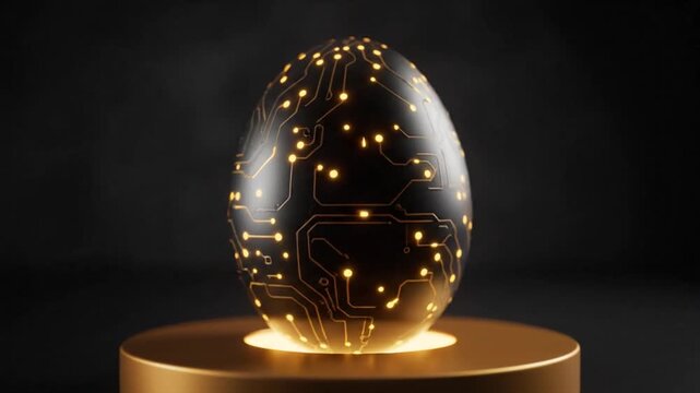 Advanced AI Genesis: A Glowing Circuitry Egg Slowly Rotates on a Futuristic Pedestal